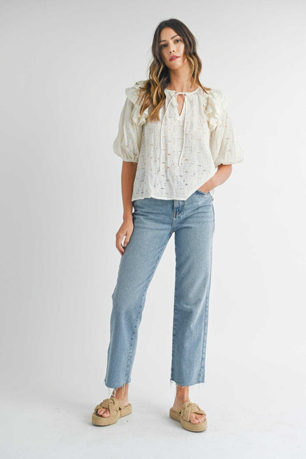 Trendsi MABLE Eyelet Lace Ruffle Shoulder Puff Sleeve Blouse