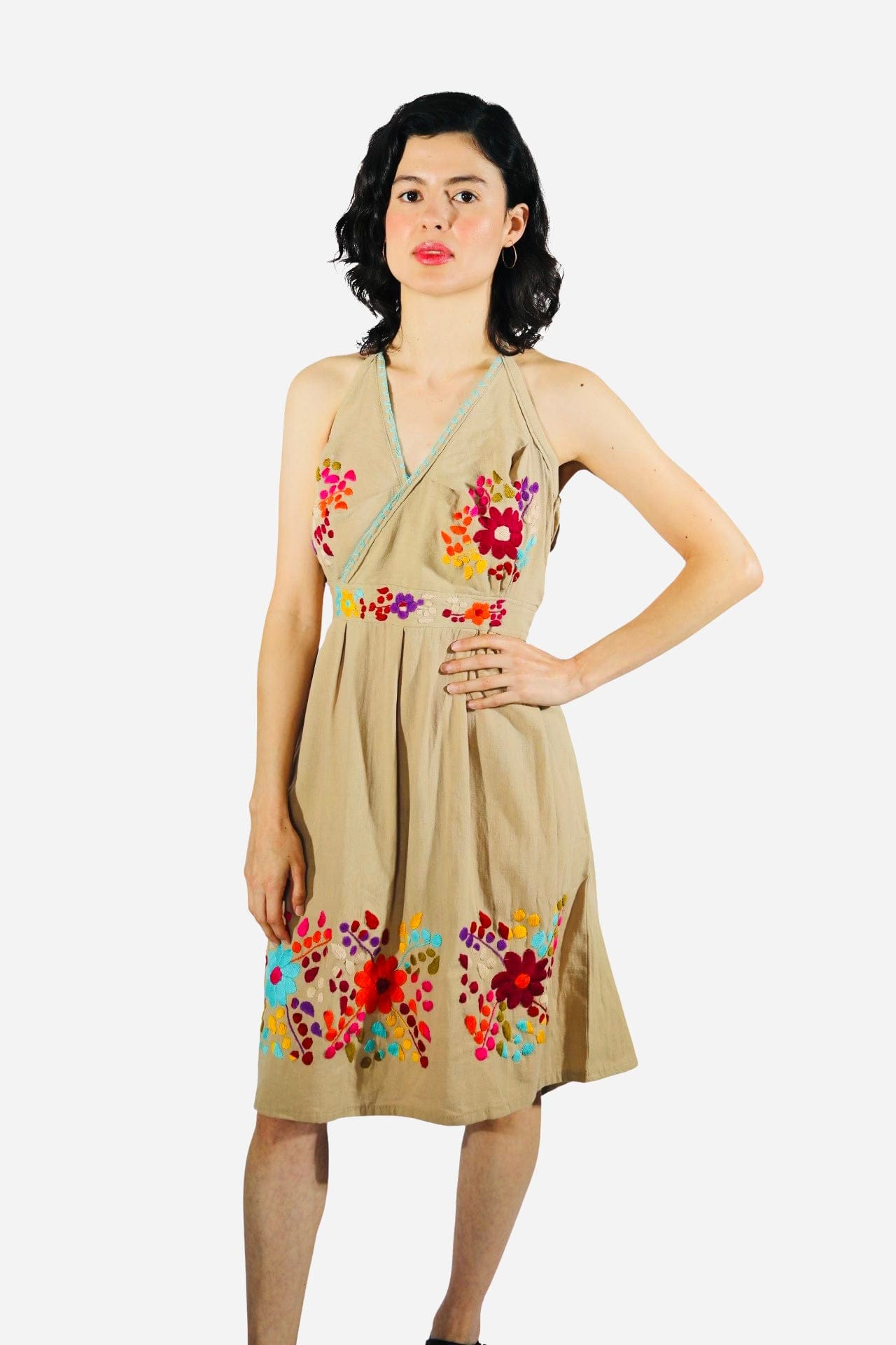 Fashion Corner LA Brown | Mexican Floral Embroidered Dress | Mexican Embroidered Dress