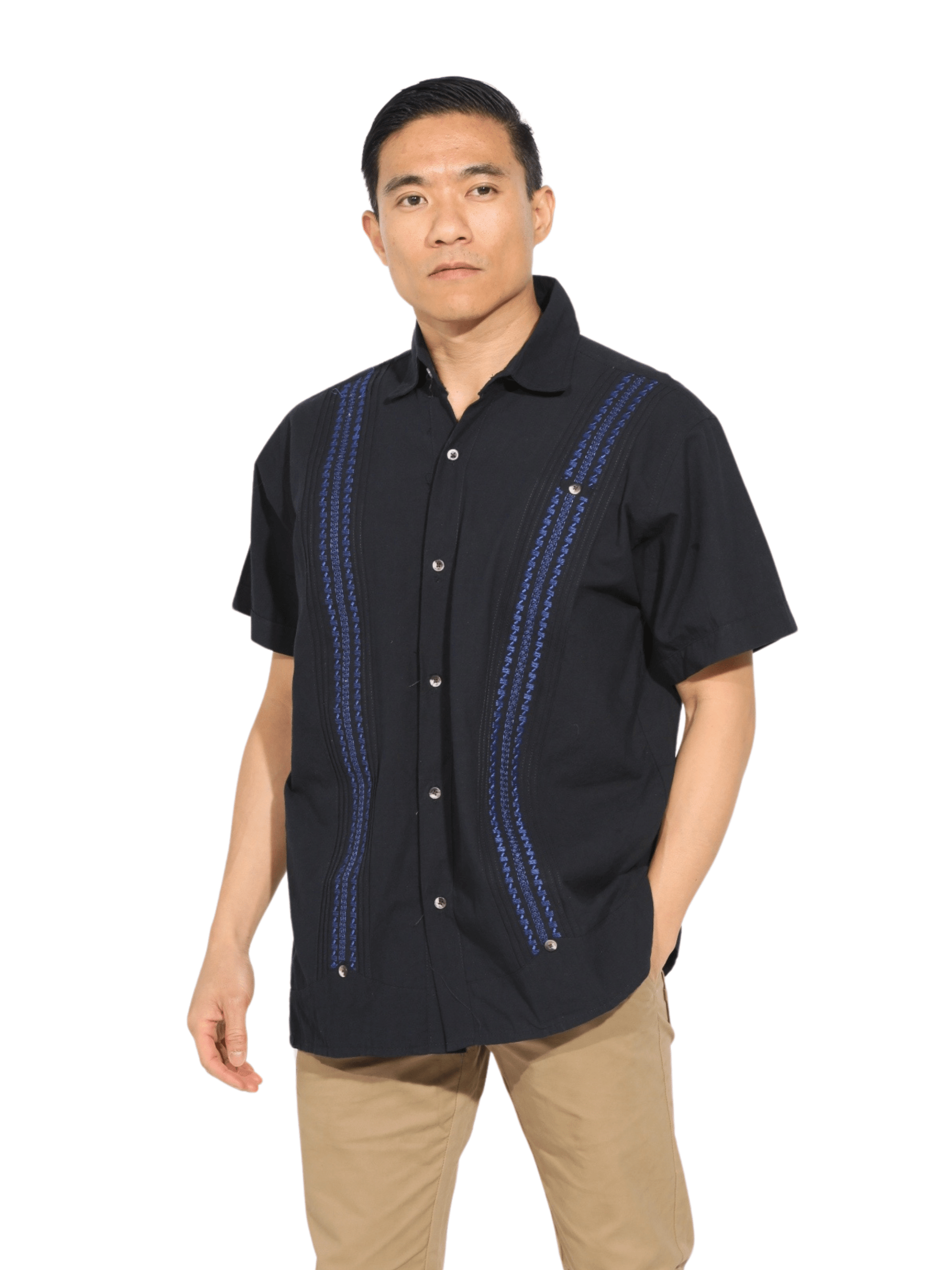 Fashion Corner LA M Black Guayabera Blue Detail (Copy Needed)