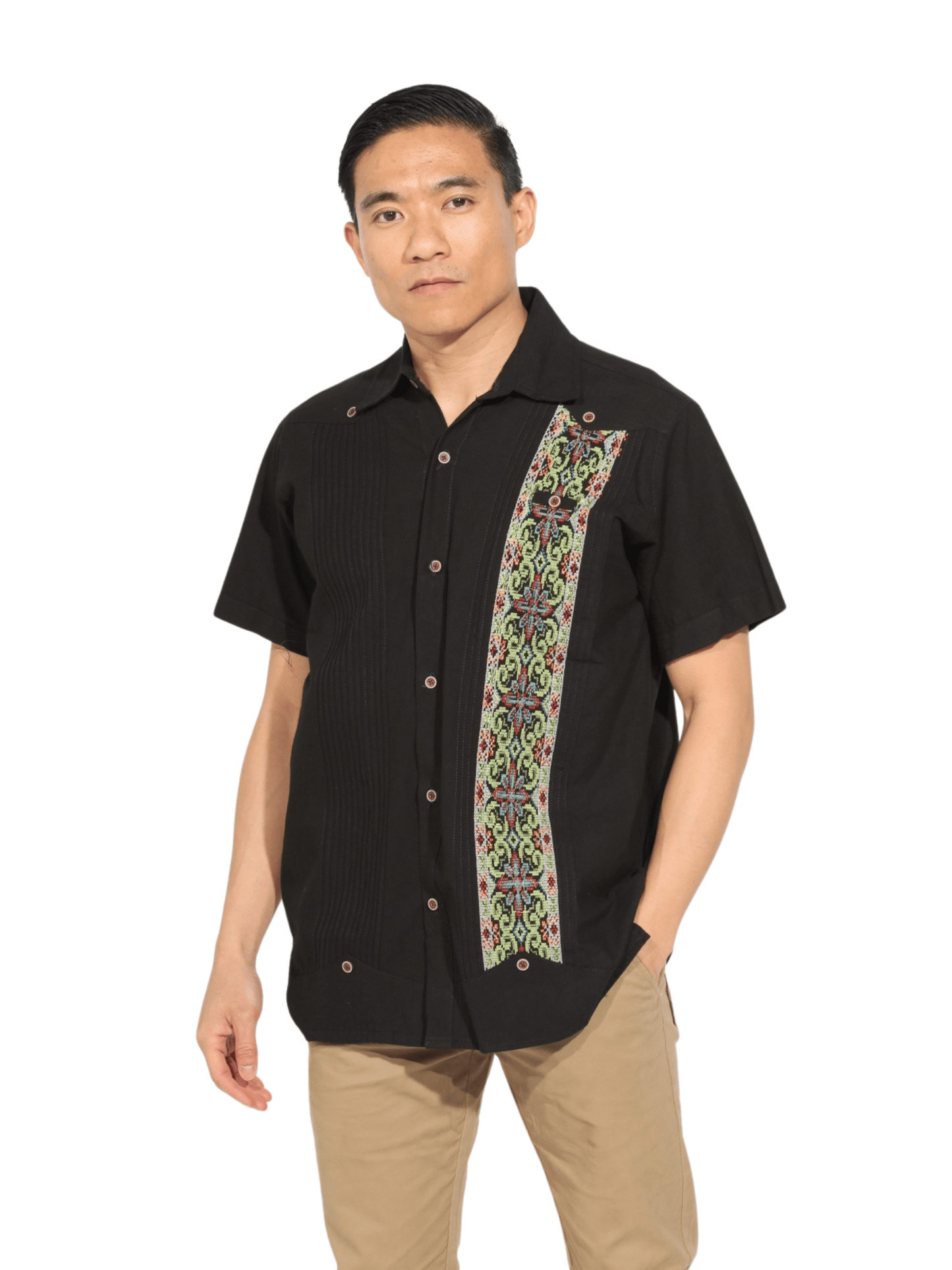 Fashion Corner LA M Black Guayabera Green Detail (Copy Needed)