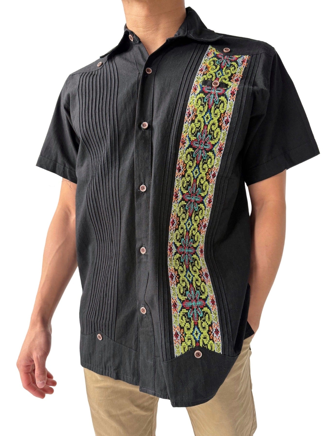 Fashion Corner LA M Black Guayabera Green Detail (Copy Needed)