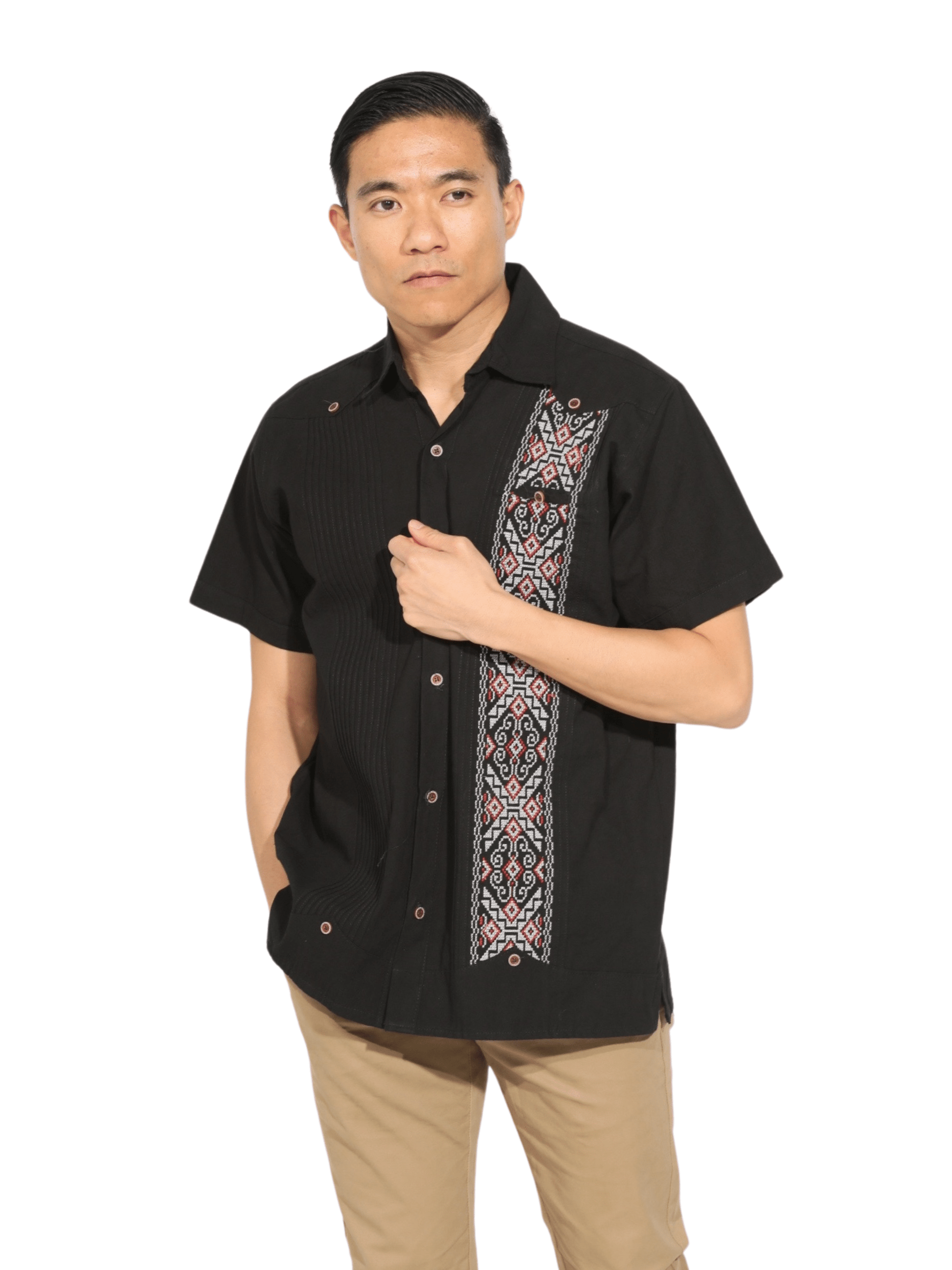 Fashion Corner LA M Black Guayabera White & Red detail (Copy Needed)