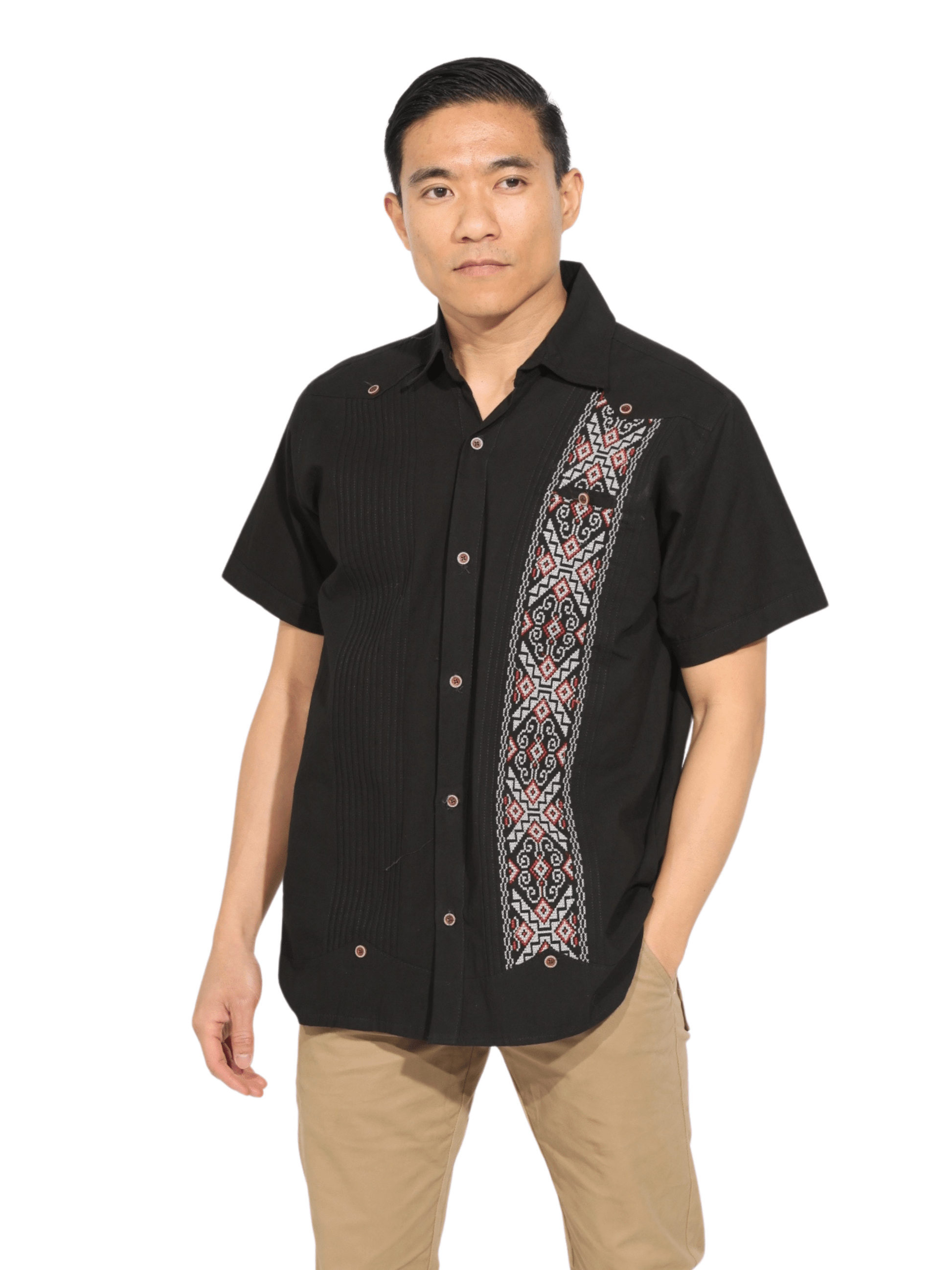 Fashion Corner LA M Black Guayabera White & Red detail (Copy Needed)