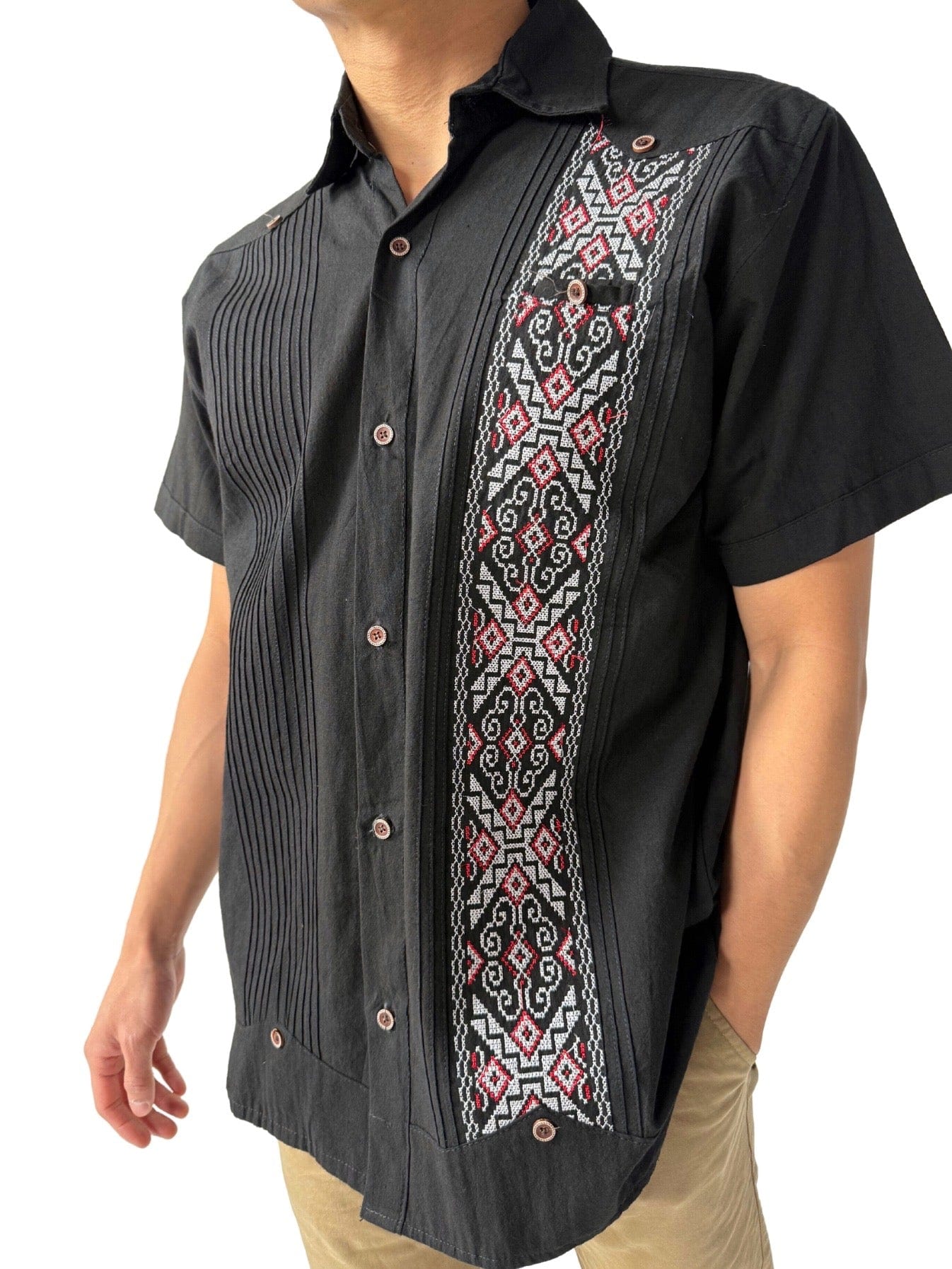 Fashion Corner LA M Black Guayabera White & Red detail (Copy Needed)