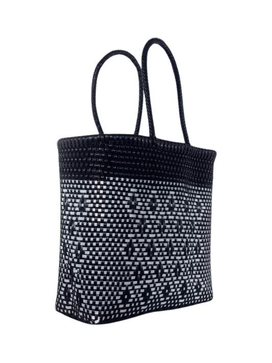 Fashion Corner LA White and Black Handwoven Mexican Tote Bag Hard Threaded Plastic Bag