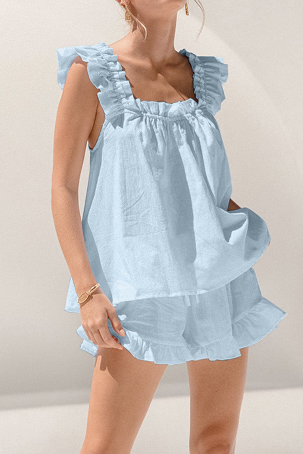 Trendsi Aqua / S Ruffled Square Neck Top and Shorts Set