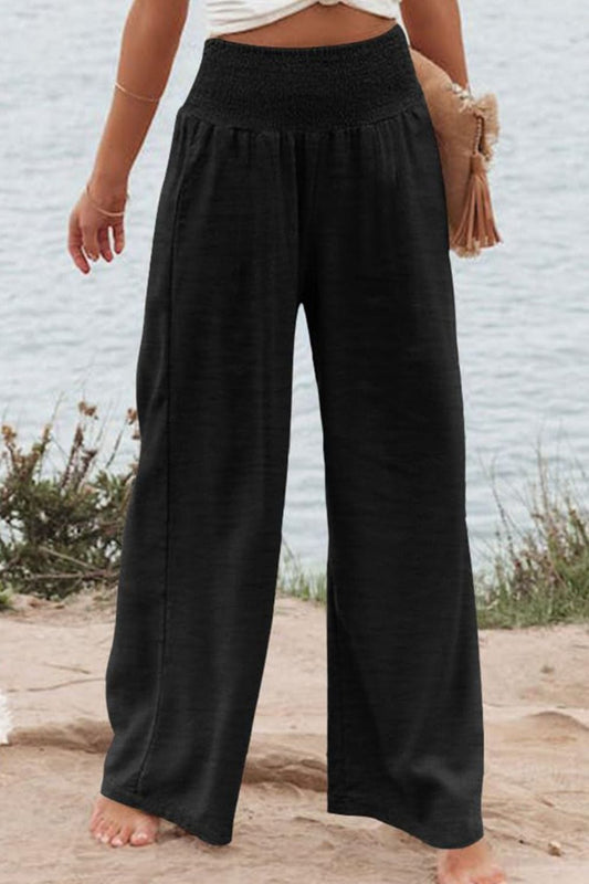 Trendsi Black / 1X Plus Size Smocked High Waist Wide Leg Pants