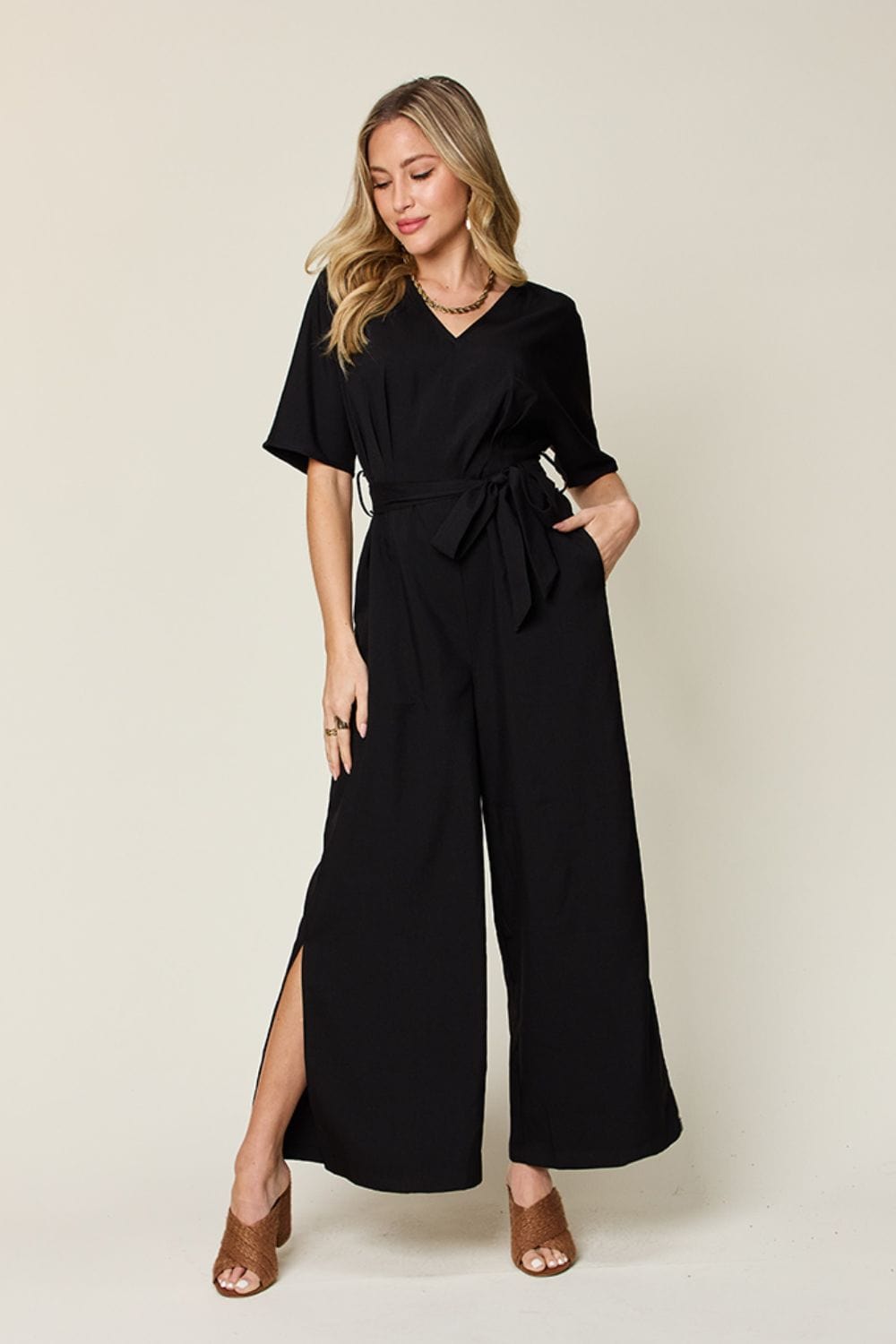 Trendsi Black / S Double Take Full Size V-Neck Tie Front Short Sleeve Slit Jumpsuit