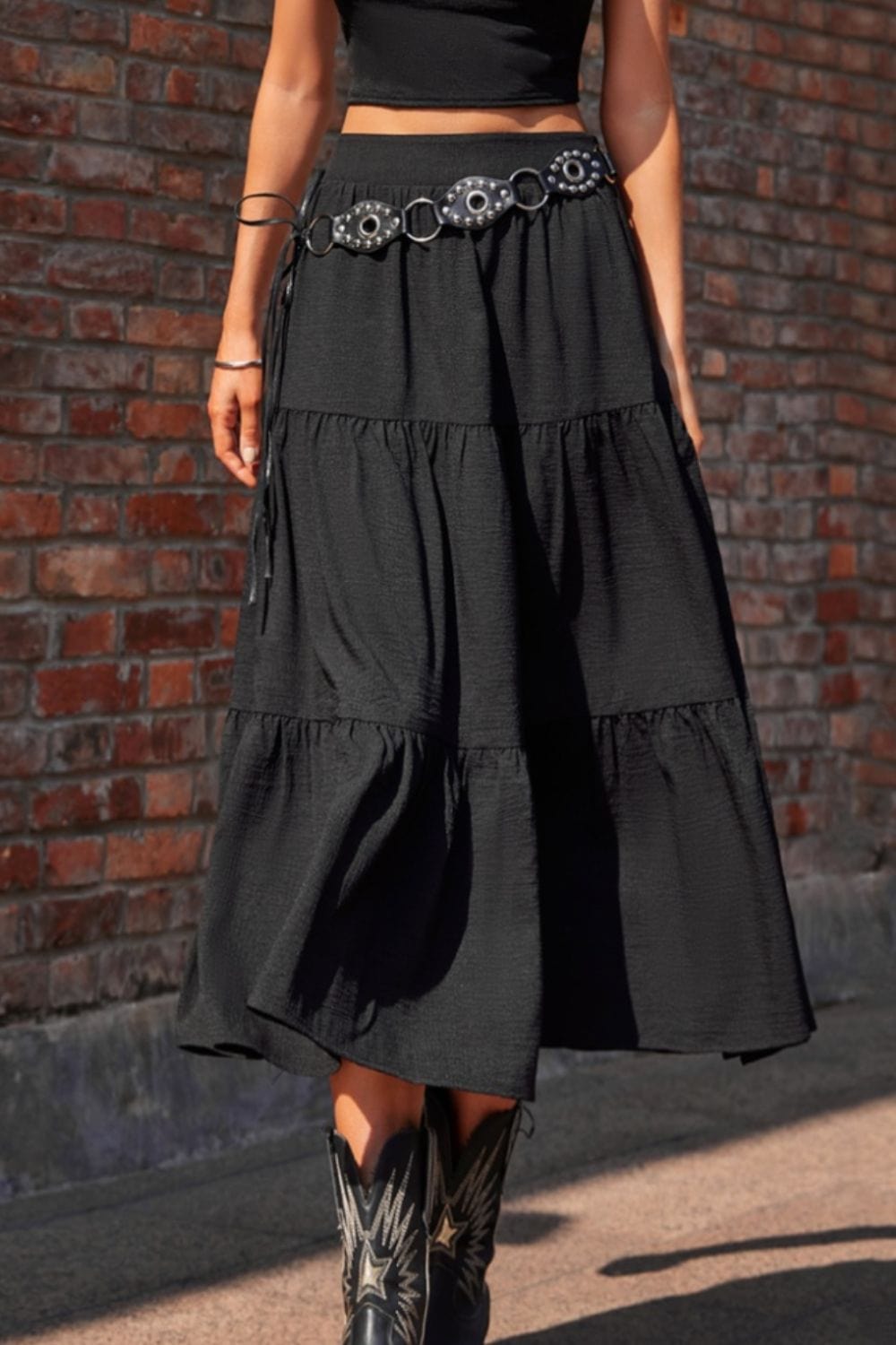 Trendsi Black / S Elastic Waist Tiered Midi Skirt