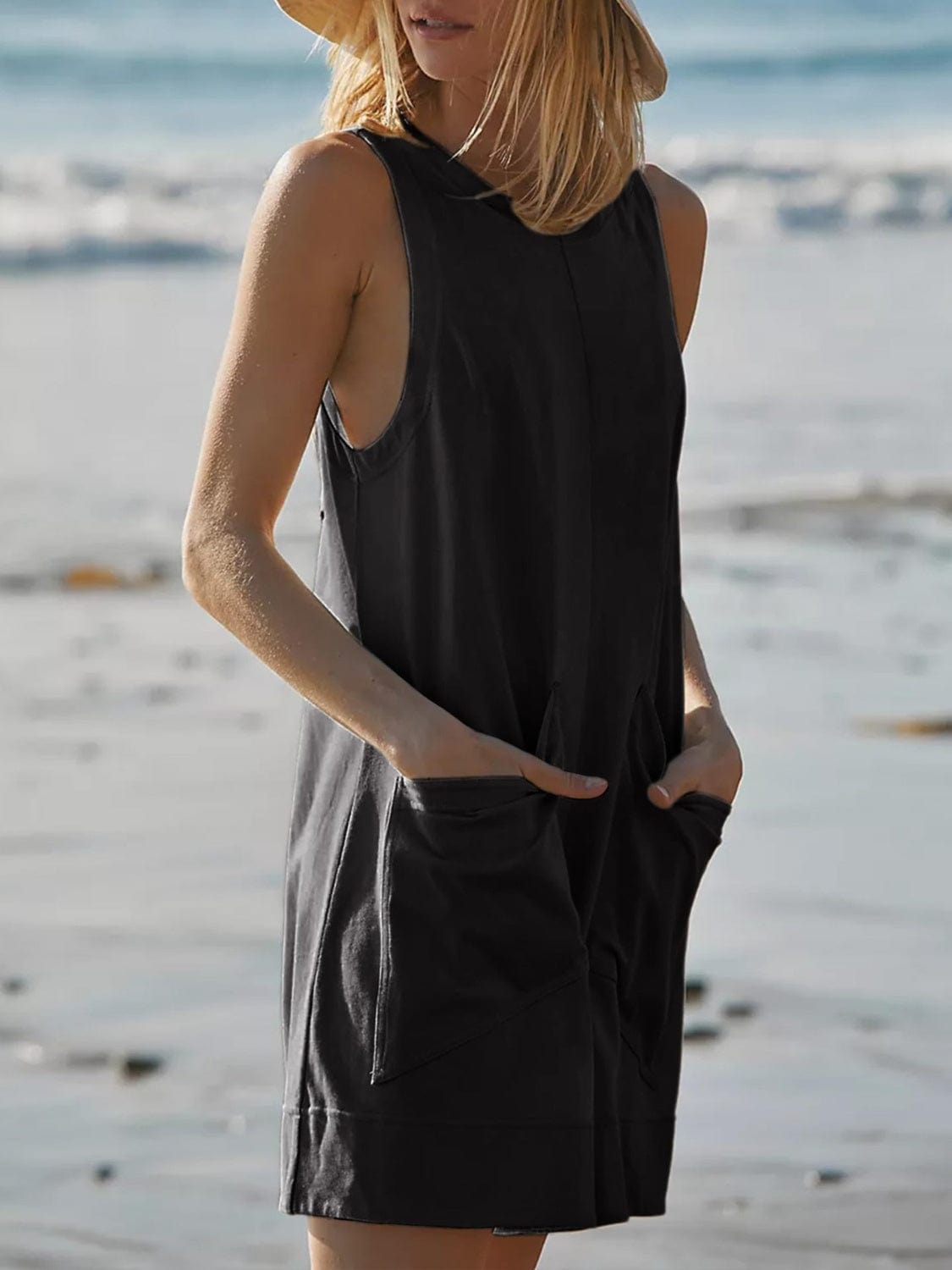 Trendsi Black / S Round Neck Sleeveless Romper with Pockets