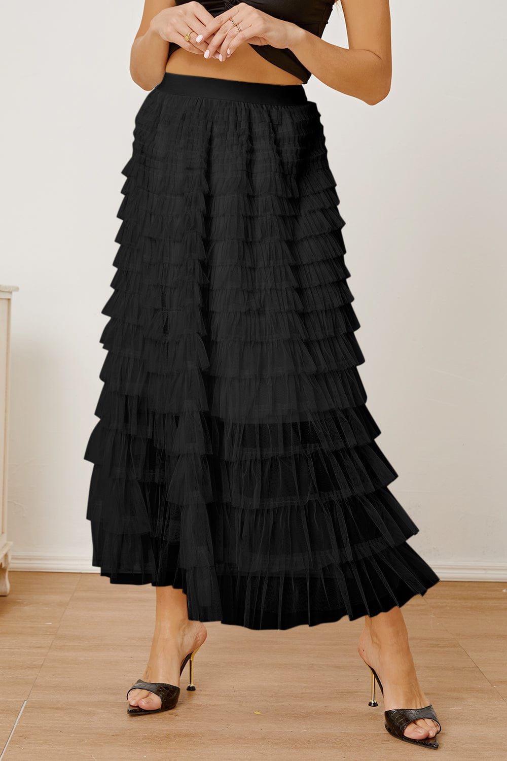 Trendsi Black / S Ruched High Waist Tiered Skirt