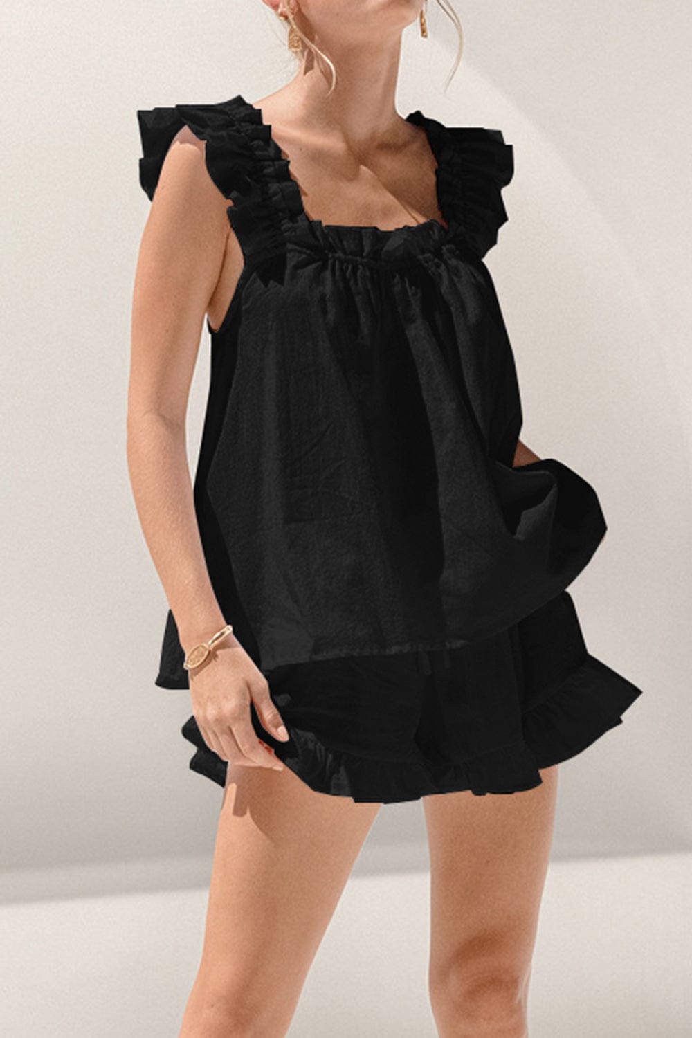 Trendsi Black / S Ruffled Square Neck Top and Shorts Set