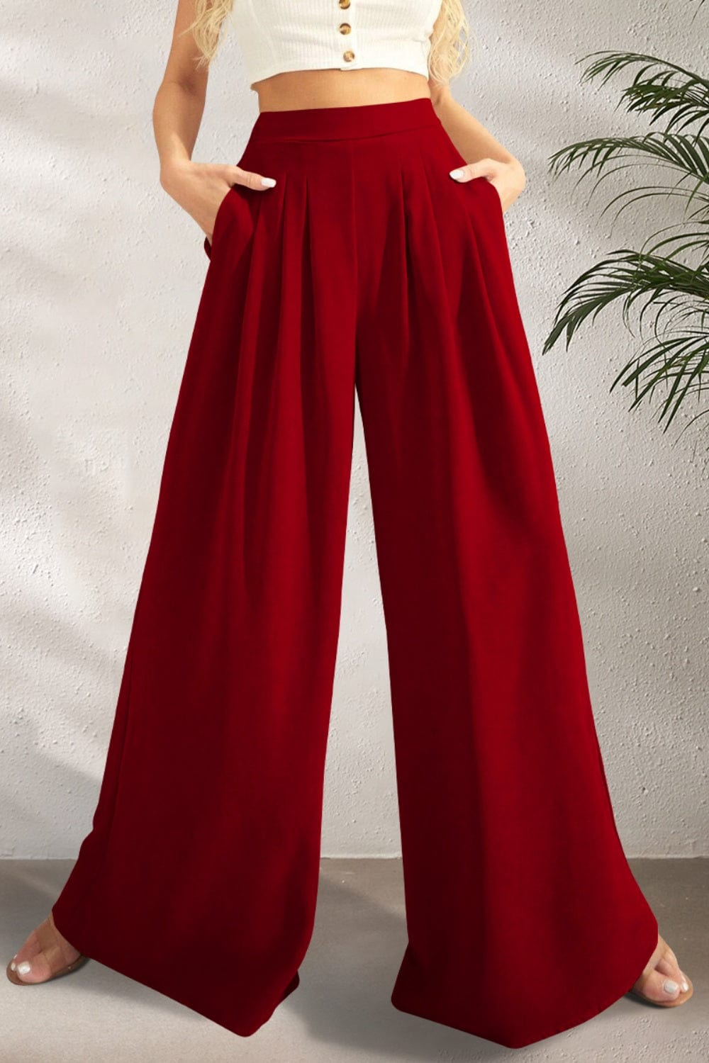 Trendsi Burgundy / S High Waist Wide Leg Pants