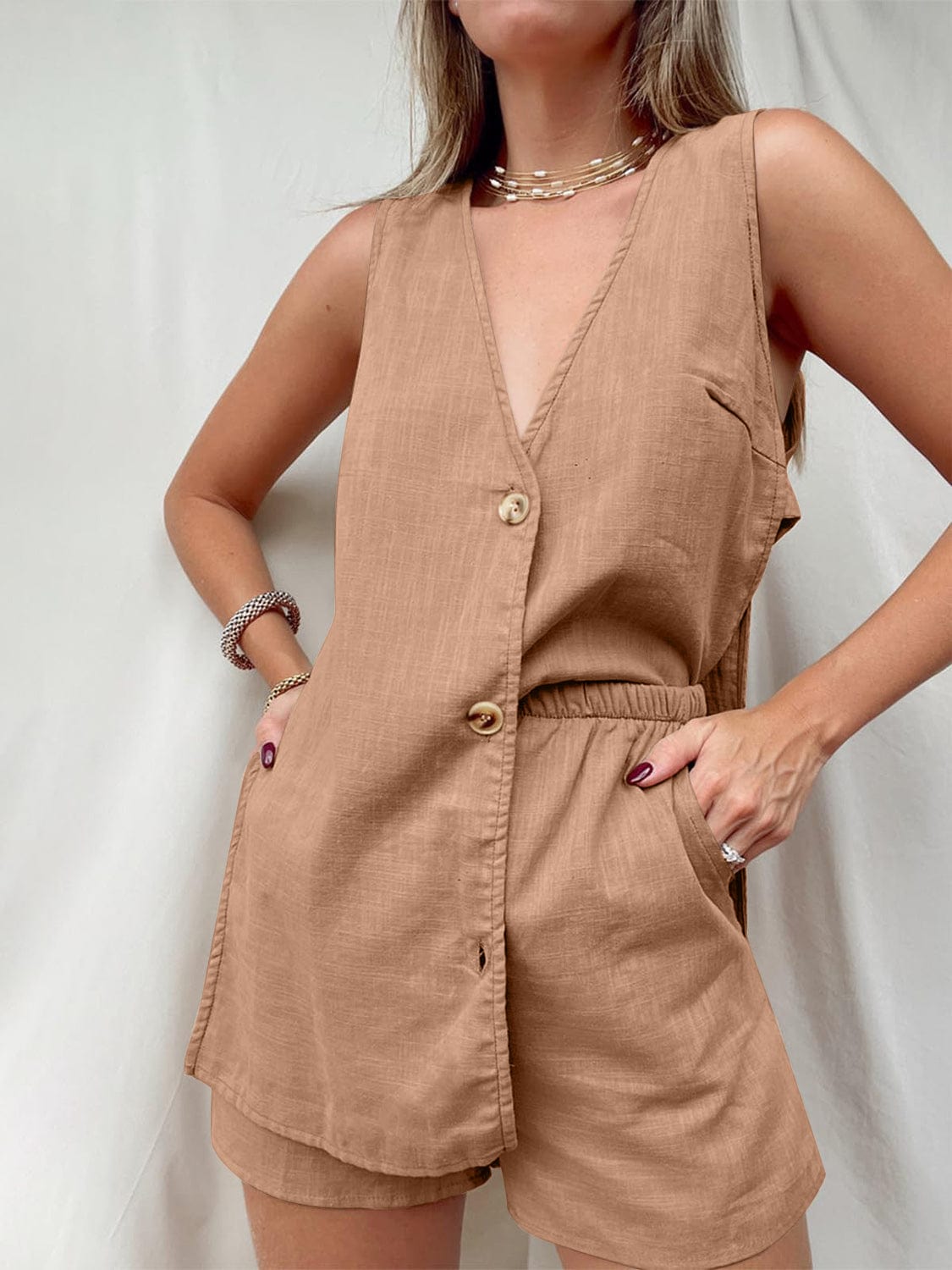 Trendsi Camel / S Full Size Button Up Top and Shorts Set