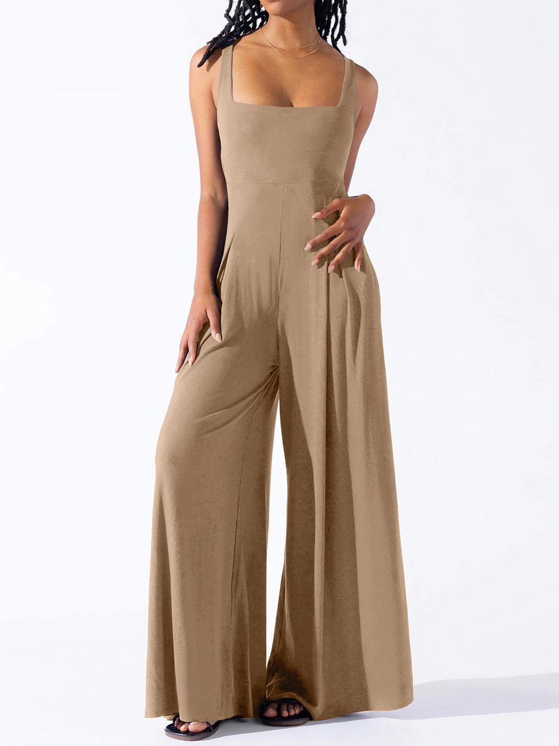 Trendsi Camel / S Square Neck Wide Strap Jumpsuit