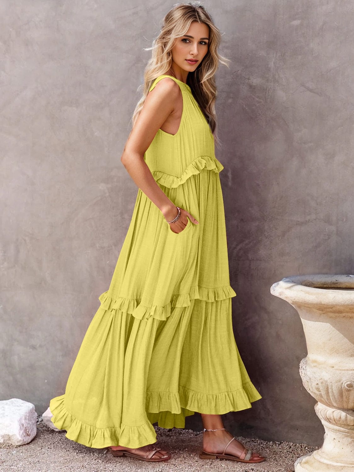 Trendsi Chartreuse / S Ruffled Sleeveless Tiered Maxi Dress with Pockets