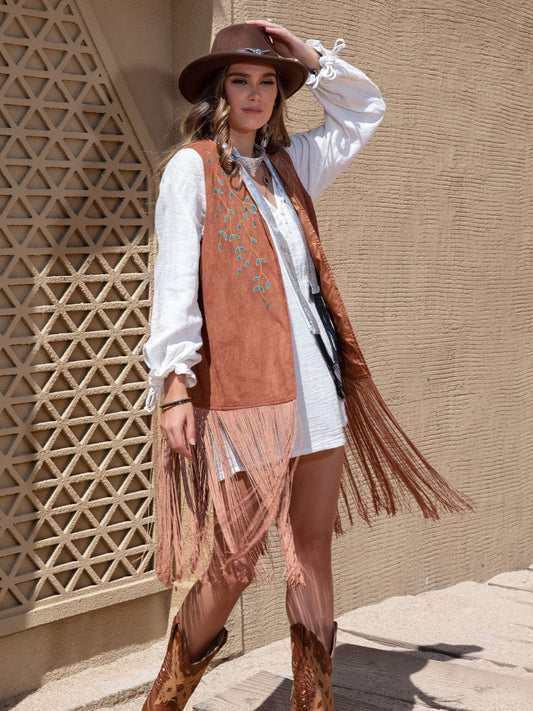 Trendsi Chestnut / S Fringe Hem Open Front Vest