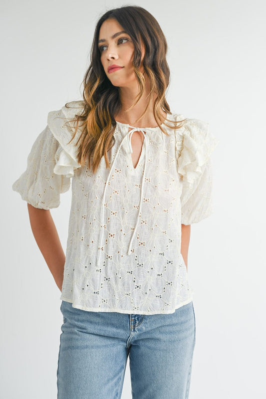 Trendsi Cream / S MABLE Eyelet Lace Ruffle Shoulder Puff Sleeve Blouse