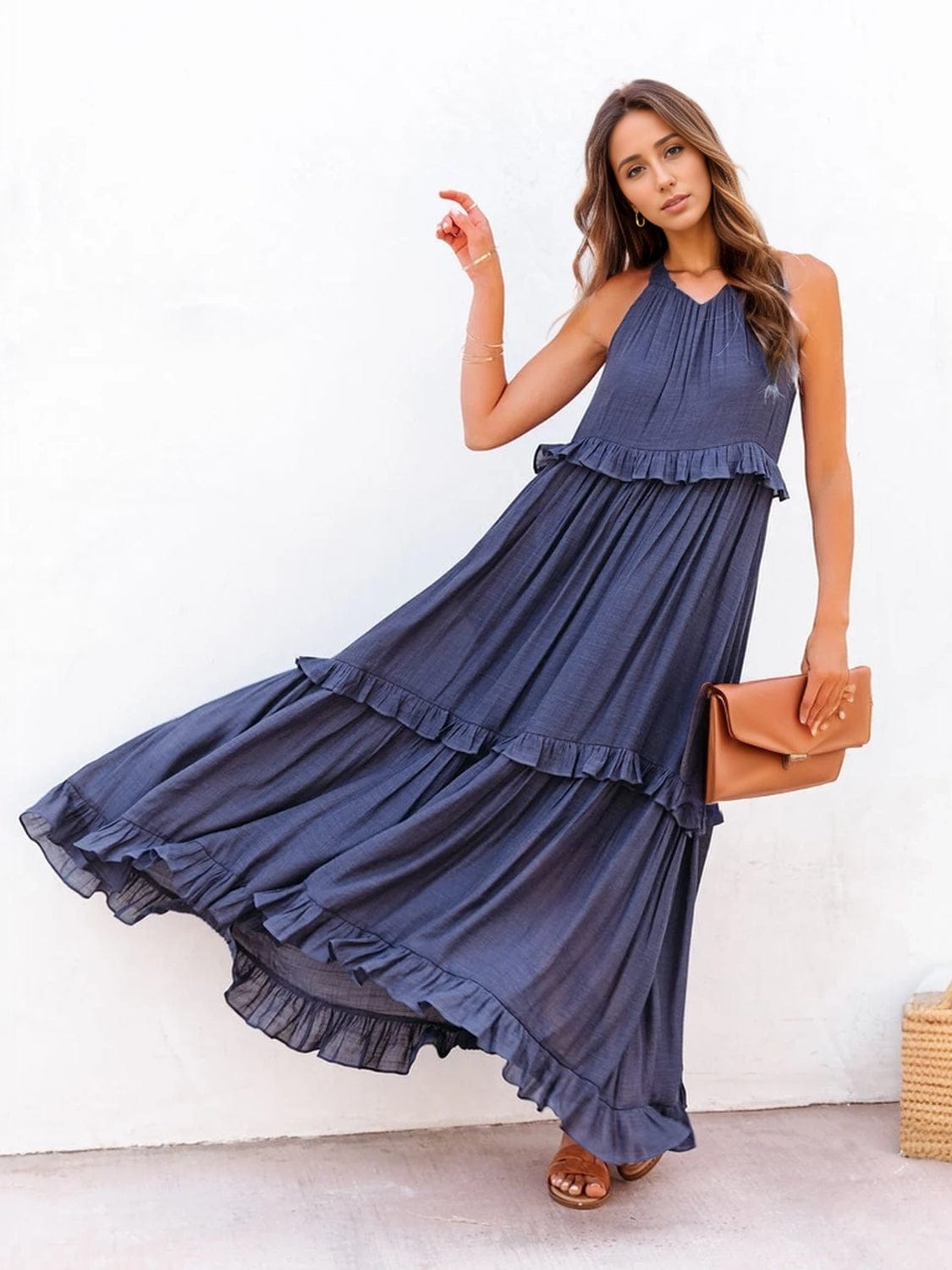 Trendsi Dark Blue / S Ruffled Sleeveless Tiered Maxi Dress with Pockets