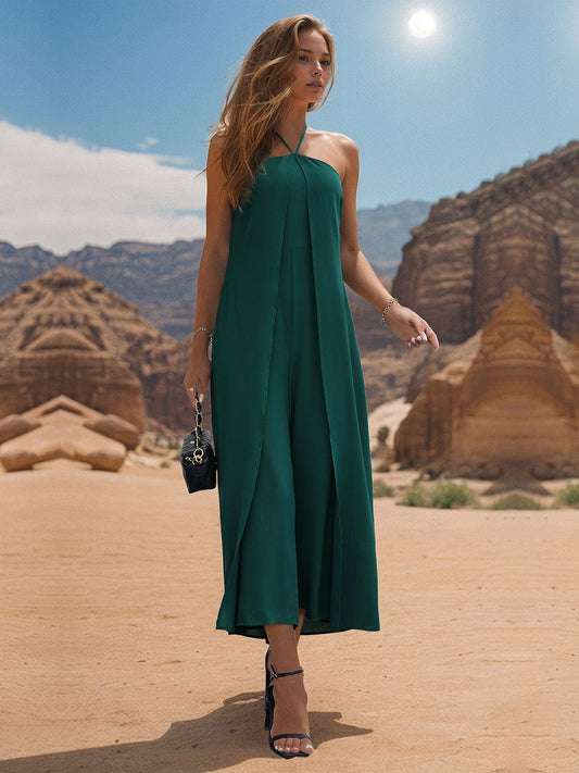 Trendsi Dark Green / S Layered Halter Neck Wide Leg Jumpsuit