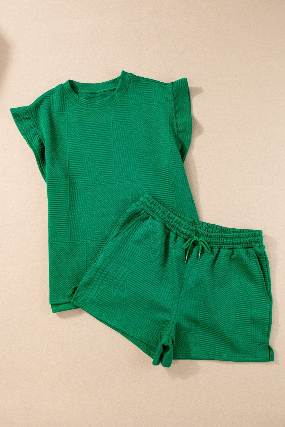 Trendsi Dark Green / S Round Neck Top and Drawstring Shorts Set