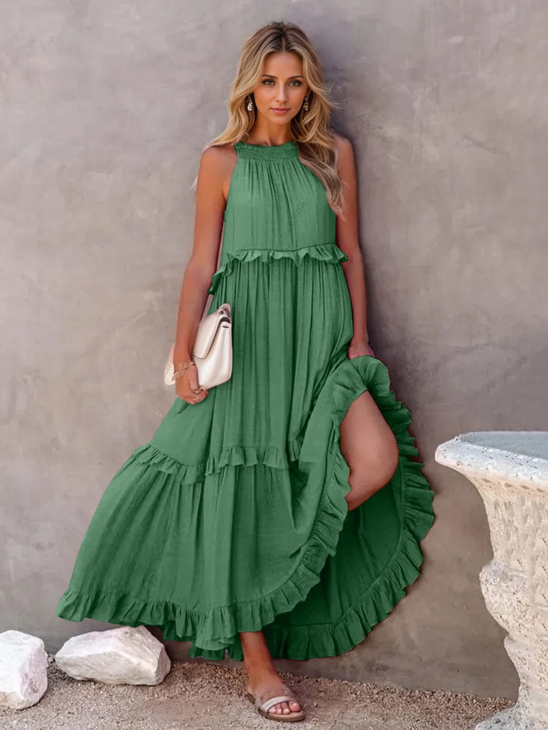 Trendsi Dark Green / S Ruffled Sleeveless Tiered Maxi Dress with Pockets