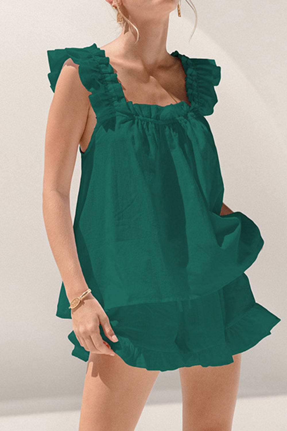 Trendsi Dark Green / S Ruffled Square Neck Top and Shorts Set