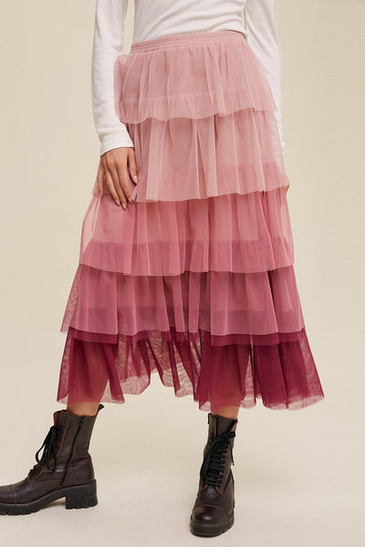 Trendsi Dusty Pink / S Elastic Waist Layered Tulle Midi Skirt