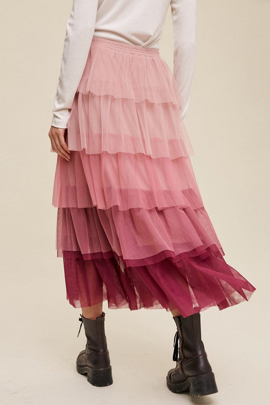 Trendsi Elastic Waist Layered Tulle Midi Skirt