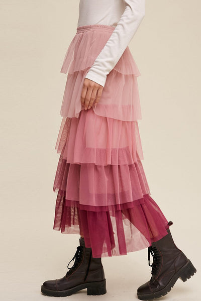 Trendsi Elastic Waist Layered Tulle Midi Skirt