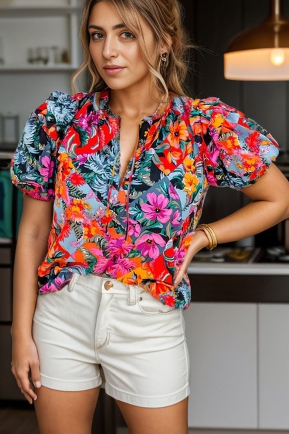 Trendsi Floral / S Ruffled Printed Tie Neck Short Sleeve Blouse