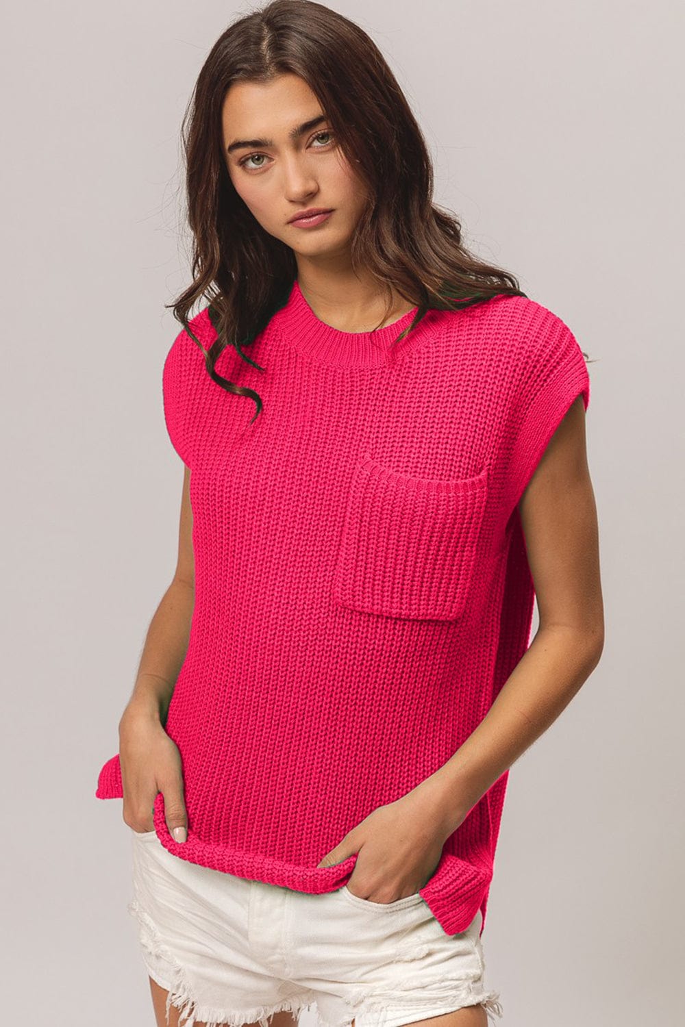 Trendsi Fuchsia / S BiBi Patch Pocket Cap Sleeve Sweater Top