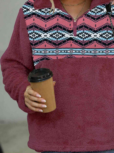 Trendsi Geometric Quarter-Zip Collared Sweatshirt