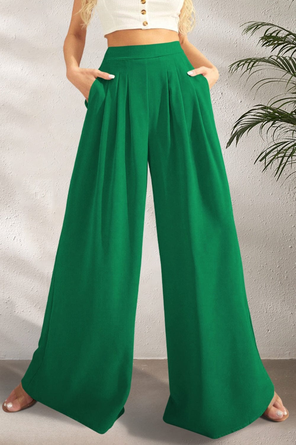 Trendsi Green / S High Waist Wide Leg Pants