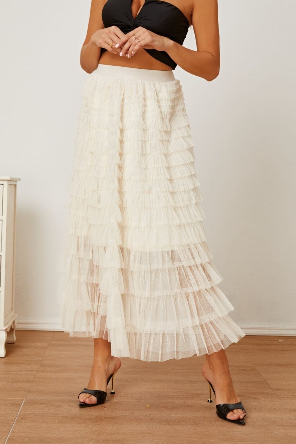 Trendsi Ivory / S Ruched High Waist Tiered Skirt