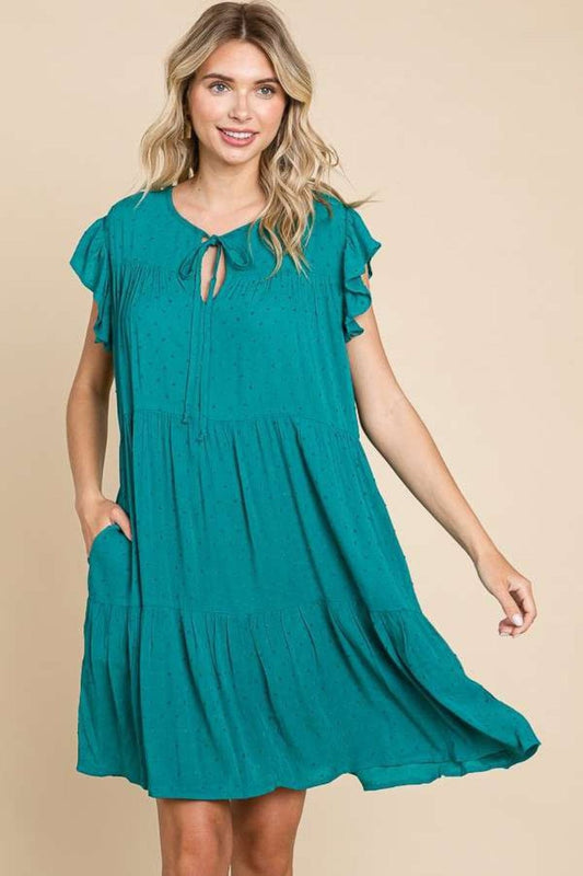 Trendsi Lotus Green / S Culture Code Ruffle Cap Sleeve Tiered Dress