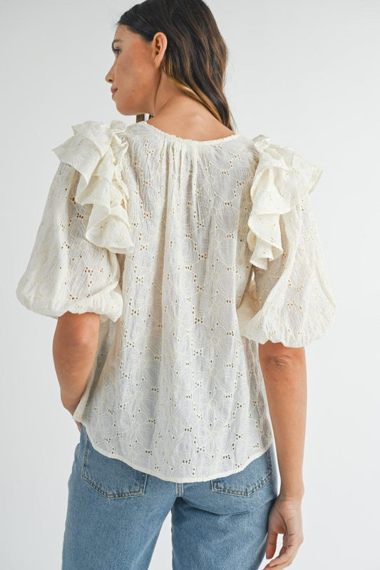 Trendsi MABLE Eyelet Lace Ruffle Shoulder Puff Sleeve Blouse