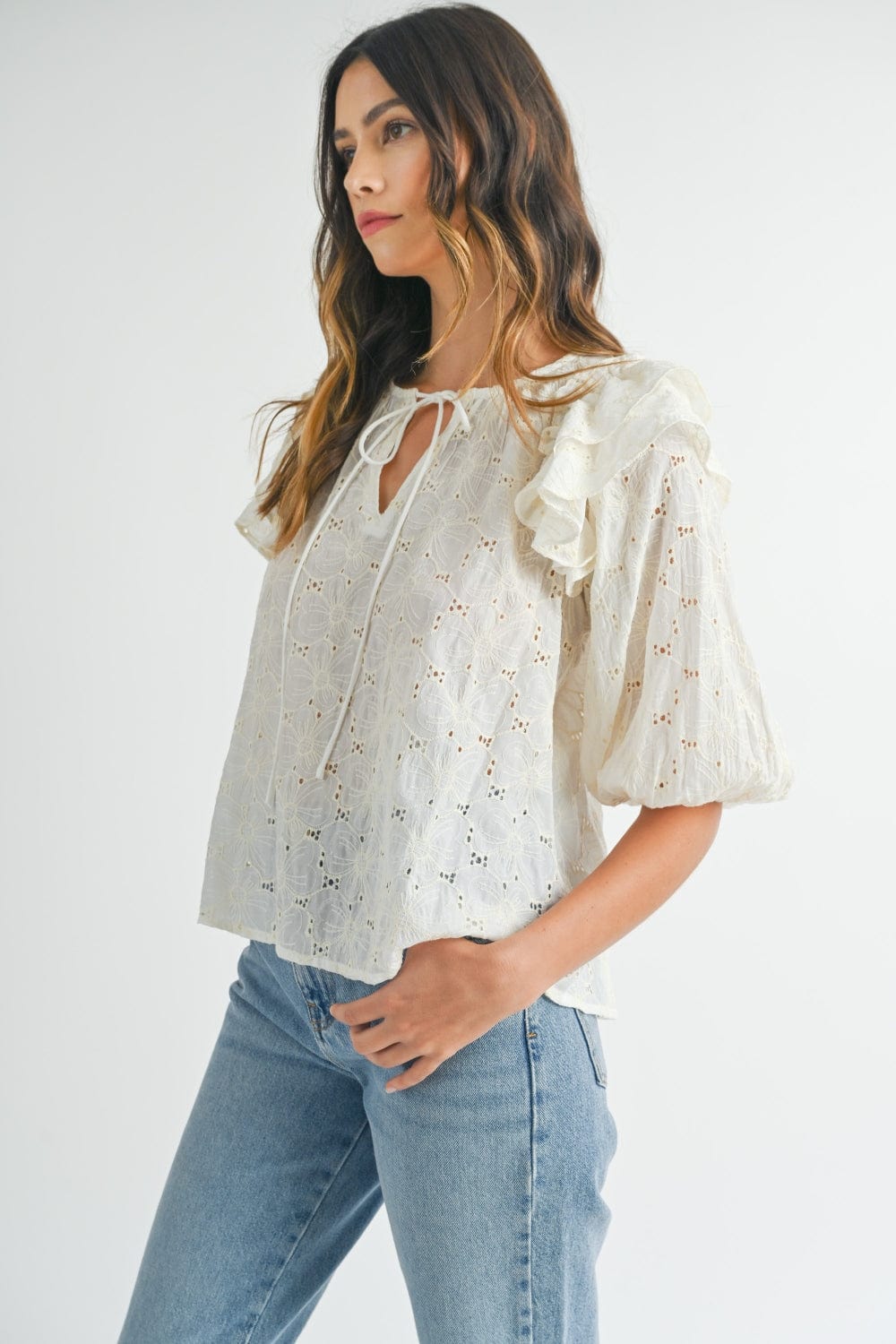 Trendsi MABLE Eyelet Lace Ruffle Shoulder Puff Sleeve Blouse