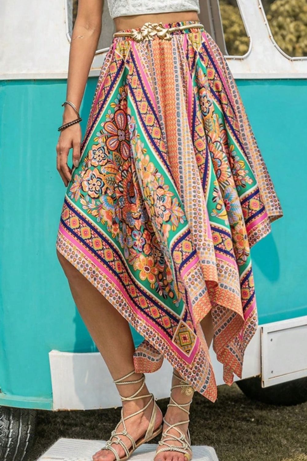 Trendsi Multicolor / S Printed High Waist Handkerchief Hem Skirt