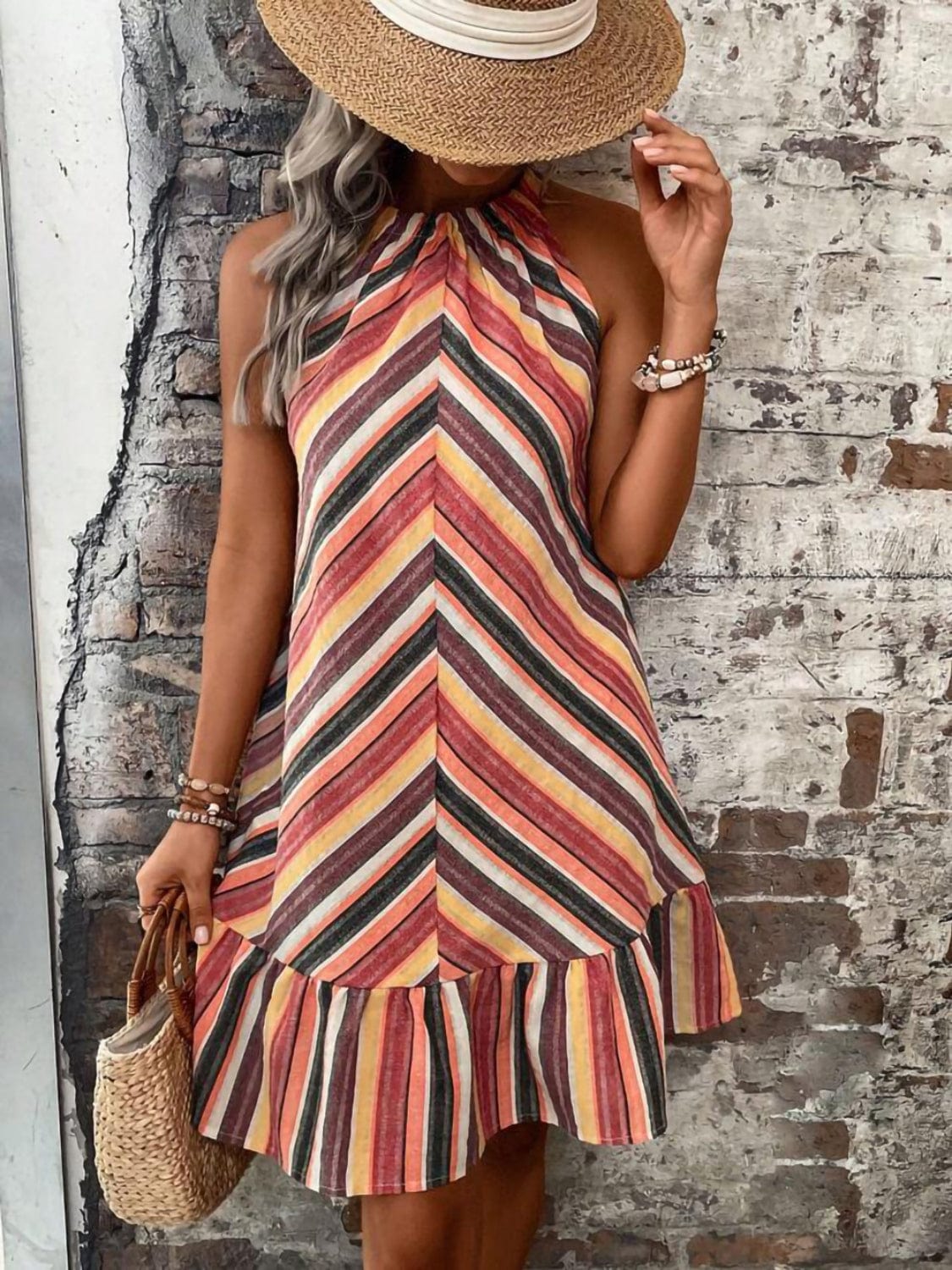 Trendsi Multicolor / S Striped Grecian Neck Dress