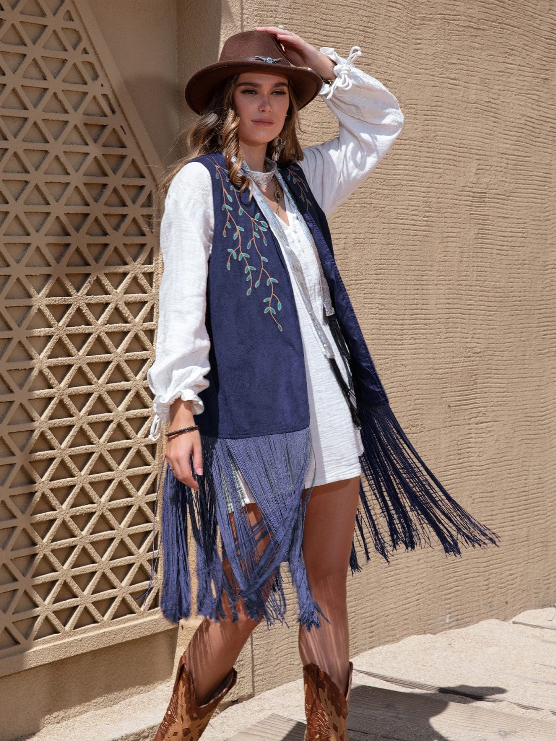 Trendsi Navy / S Fringe Hem Open Front Vest