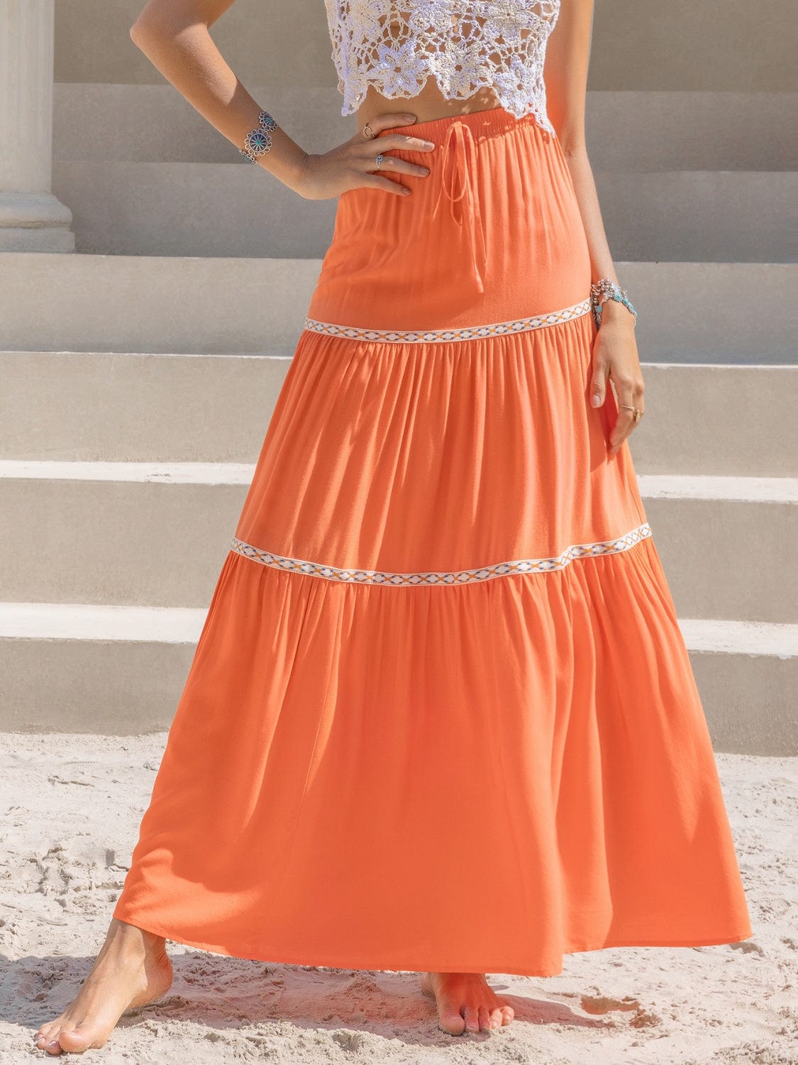 Trendsi Orange / S High Waist Maxi Tiered Skirt