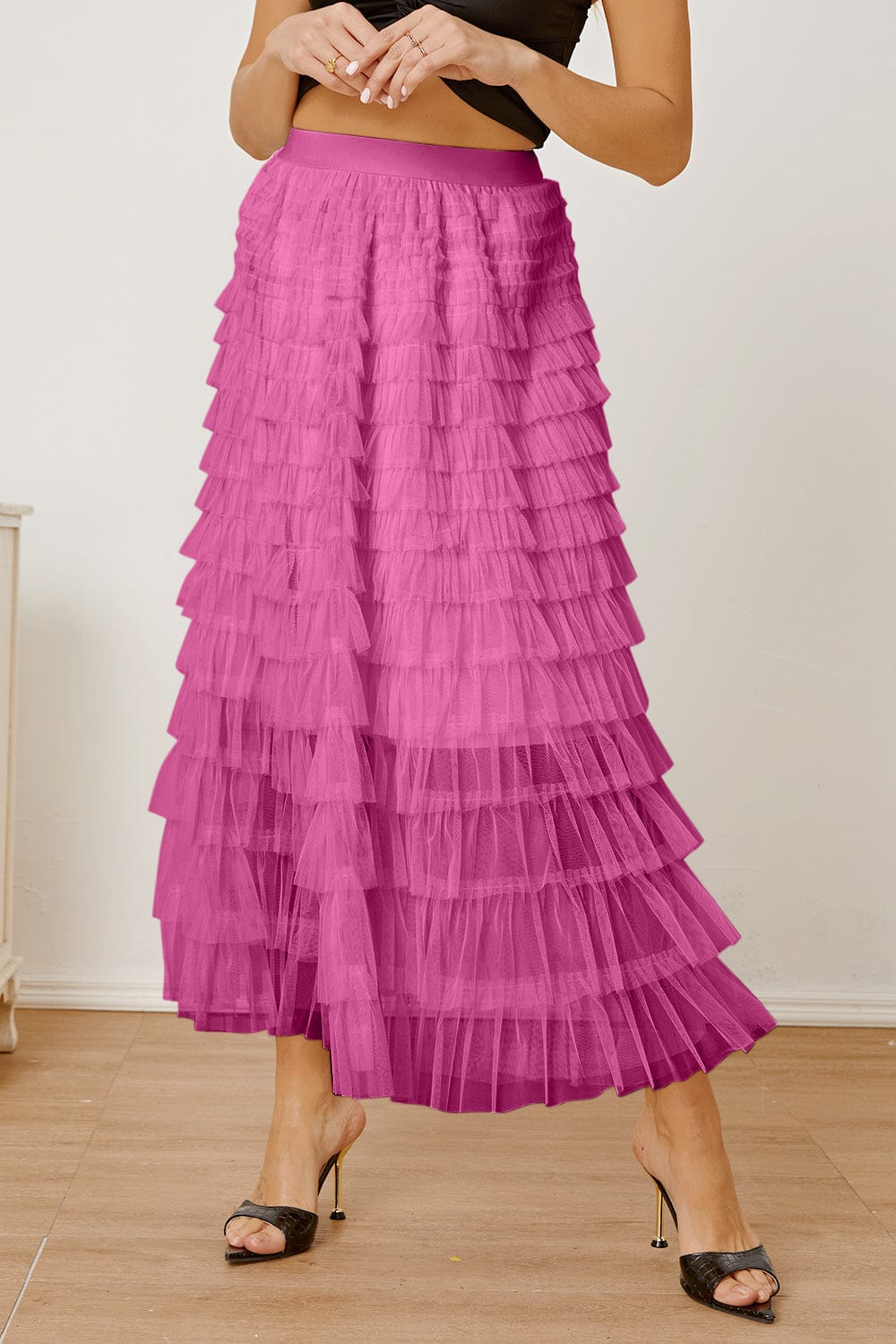 Trendsi Pink / S Ruched High Waist Tiered Skirt