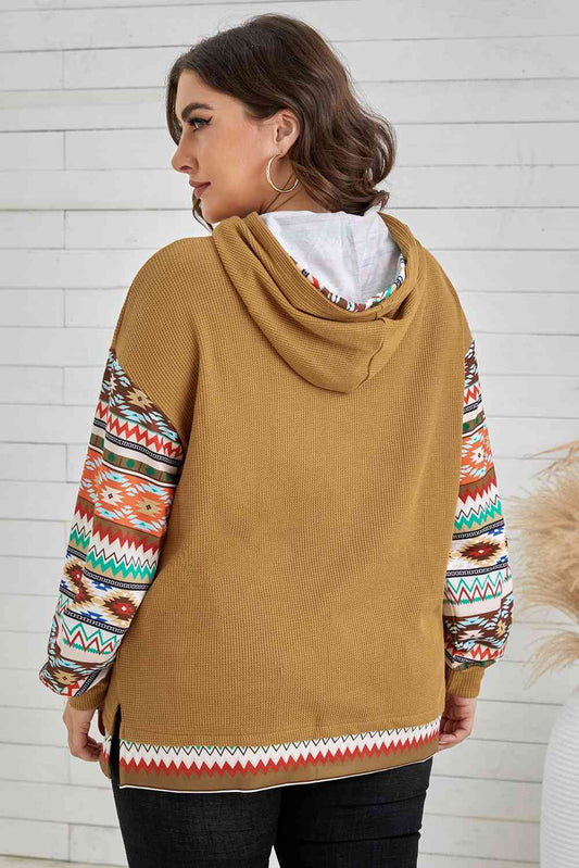 Trendsi Plus size Plus Size Printed Side Slit Waffle-Knit Hoodie