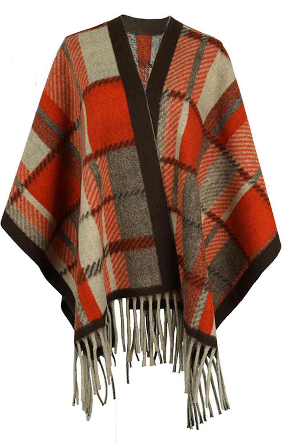 Trendsi Poncho Brick Red / One Size Cloak Sleeve Fringe Detail Poncho