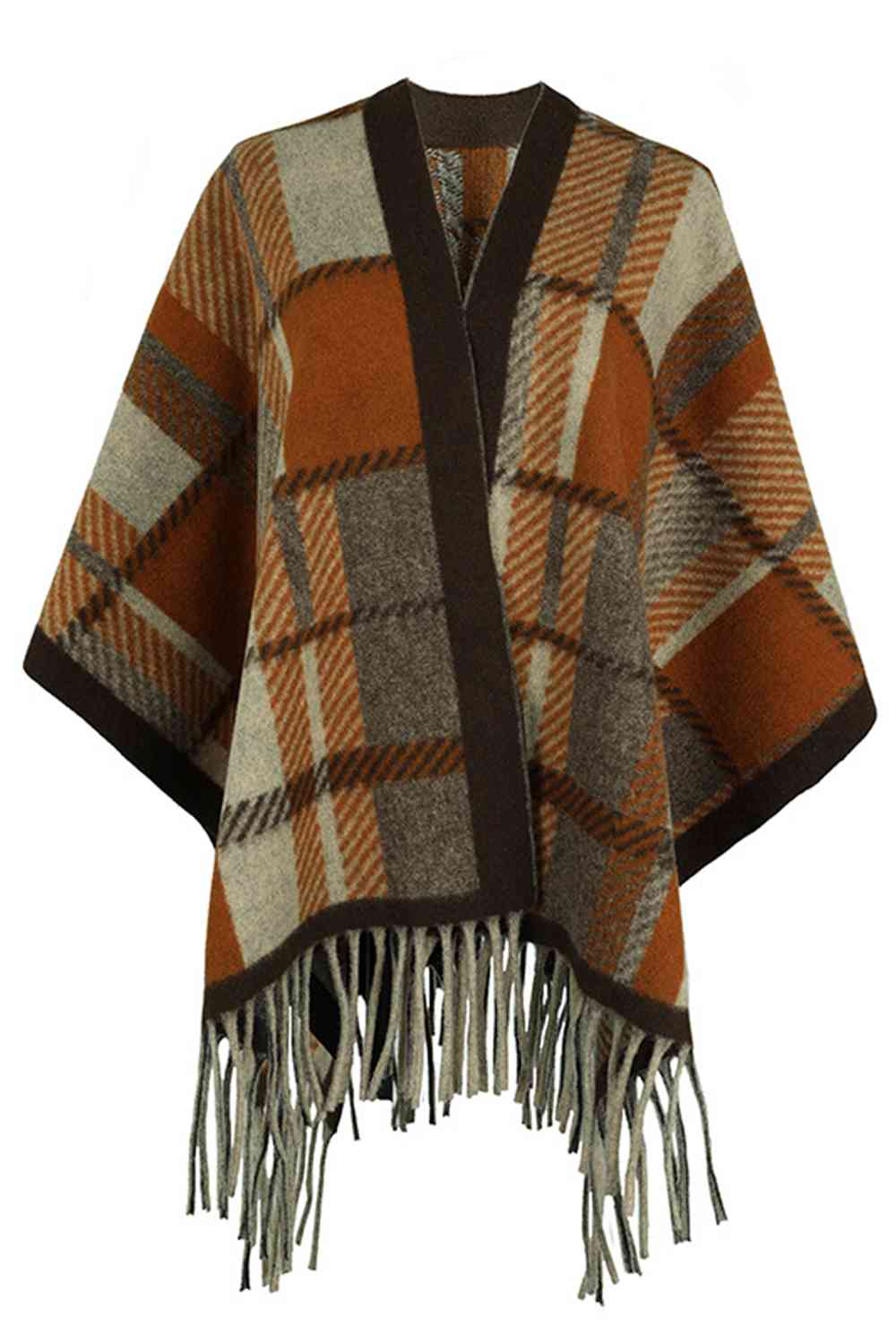 Trendsi Poncho Camel / One Size Cloak Sleeve Fringe Detail Poncho