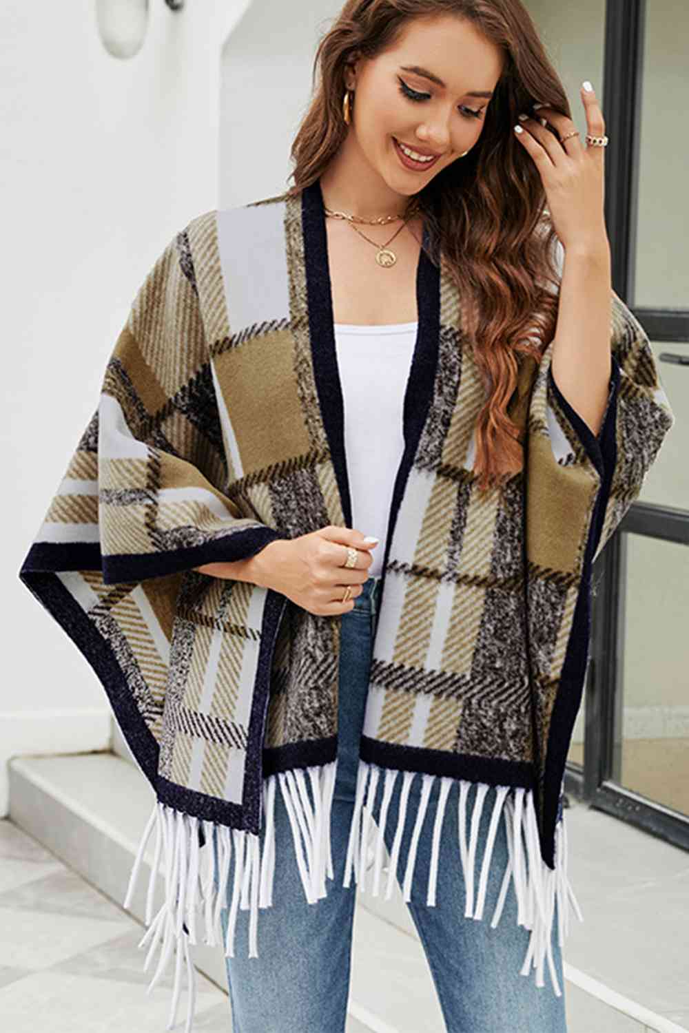 Trendsi Poncho Cloak Sleeve Fringe Detail Poncho