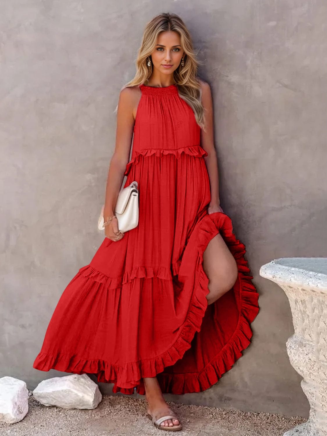 Trendsi Red / S Ruffled Sleeveless Tiered Maxi Dress with Pockets