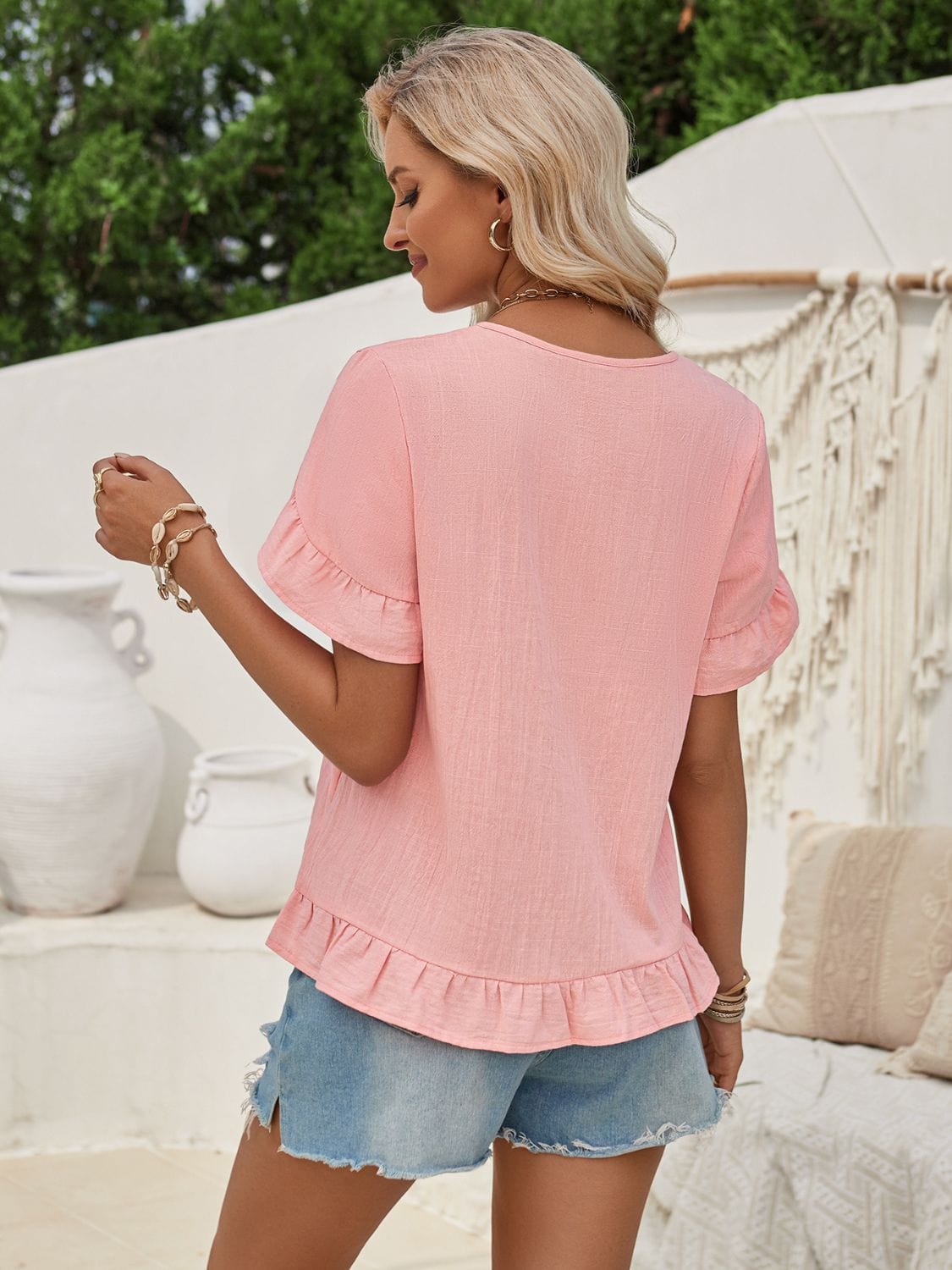 Trendsi Ruffled Notched Petal Sleeve Blouse