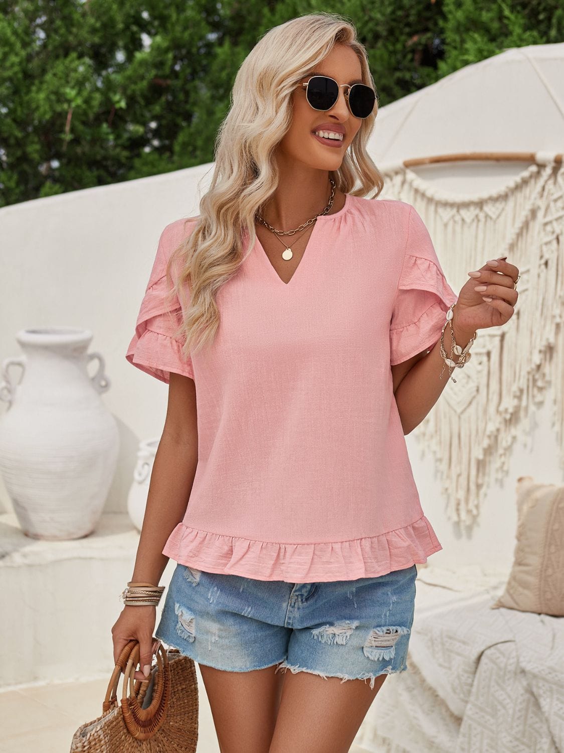 Trendsi Ruffled Notched Petal Sleeve Blouse